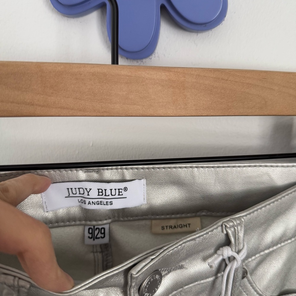 Judy‎ Blue 9/29 NEW Faux Leather Metallic Sliver Pants High Waisted Office - Picture 6 of 10